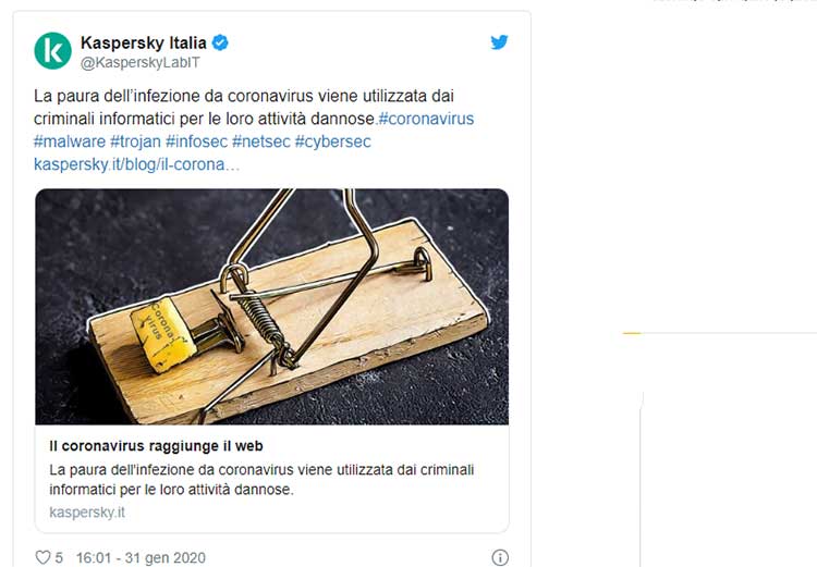 L'allarme di Kaspersky sul Coronavirus
